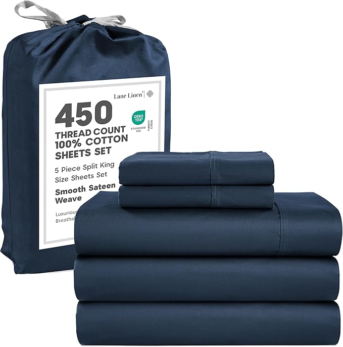 LANE LINEN Split King Sheet Sets for Adjustable Beds - 5 PCs, 450 Thread Count Split King Sheets Set - Sateen Weave King Split Sheets - Split Top King Sheets Set for Adjustable Bed - Estate Blue