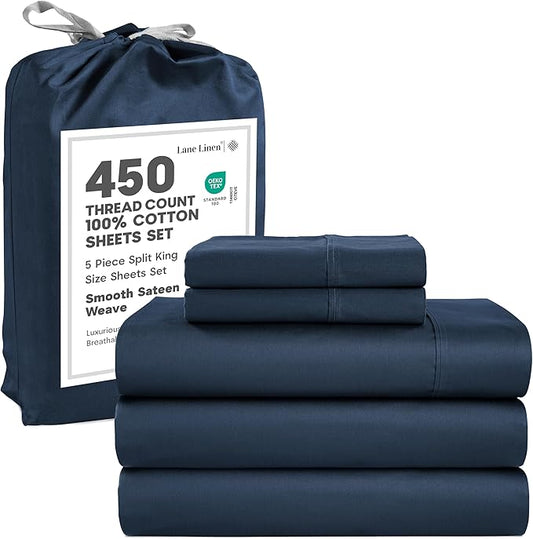 LANE LINEN Split King Sheet Sets for Adjustable Beds - 5 PCs, 450 Thread Count Split King Sheets Set - Sateen Weave King Split Sheets - Split Top King Sheets Set for Adjustable Bed - Estate Blue