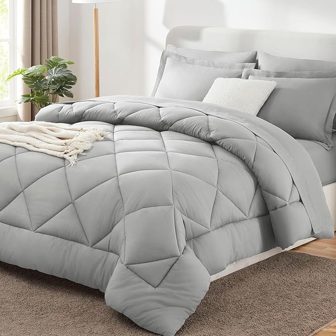 CozyLux Oversized King Comforter Set Light Grey, 7 Pieces Bed in a Bag Comforter Set with Sheets, All Season Bedding Set with Down Alternative Comforter, Sheets, Pillowcases & Shams
