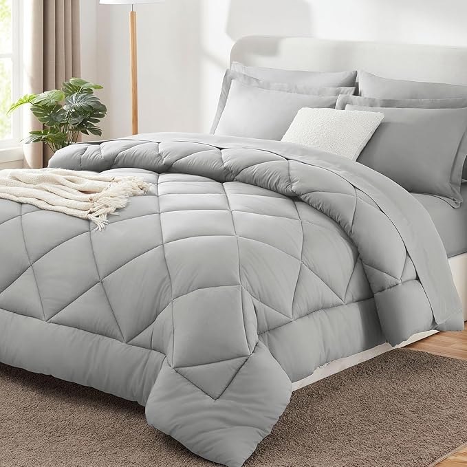 CozyLux California King Comforter Set Light Grey - Cal King Bed in a Bag 7 Pieces, Luxury Soft Bed Set for All Seasons, Bedding Set with Down Alternative Comforter, Sheets, Pillowcases & Shams