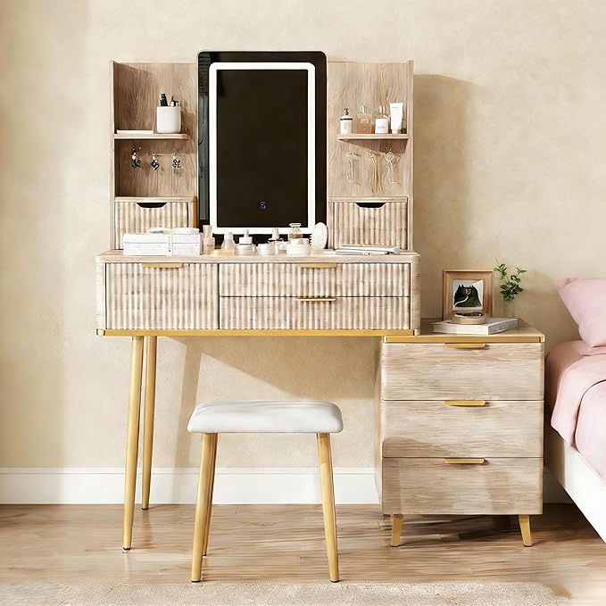 Casaphoria Vanity Desk with LED Mirror & 7 Drawers, Fluted Yellow Brown Dressing Table with Stool for Bedroom Makeup & Jewelry Storage