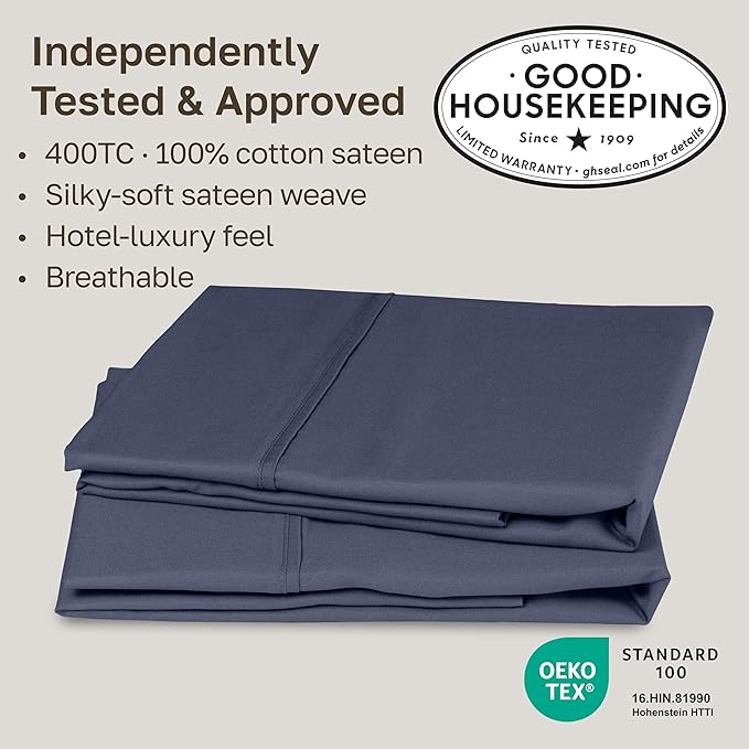 California Design Den King Size Pillowcase Set - 400 Thread Count, 100% Cotton Sateen, Set of 2 Pillow Covers, Soft and Breathable - Indigo Dusty Blue