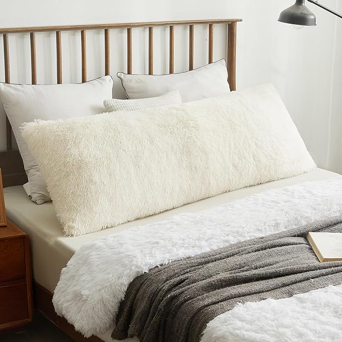 XeGe Luxury Shaggy Faux Fur Body Pillow Cover, Fluffy Ivory Bed Pillowcase with Zipper Closure, Soft Decorative Plush Fuzzy Long Pillow Sham for Home Bedroom Pregnant Women 20"x54" Beige