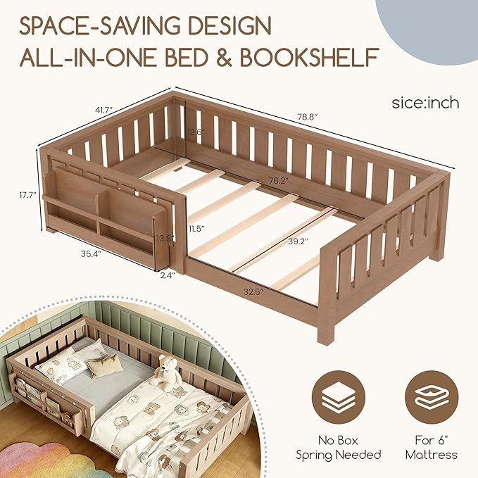 Bellemave Twin Floor Bed Frame with Fence & Bookshelf, Solid Pine Wood Twin Montessori Floor Bed with Slats Load 300LBS, Low Profile Floor Bed for Kids, Bedroom, Nursery, Easy Assembly, Oak Brown