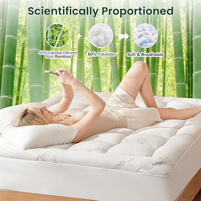 Love's cabin Twin XL Mattress Topper Viscose Derived from Bamboo, Thick Pillow Top Mattress Pad with Stretchable Pockets for 8"-20" Mattress, Soft Breathable Cooling Mattress Topper for Hot Sleepers