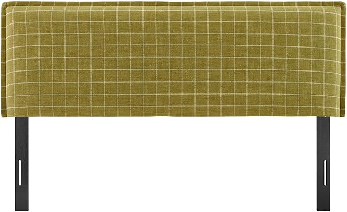 Modway Camille Queen Size Checkered Linen Blend Plaid Headboard with Removable Slipcover – in Artichoke Windowpane Check - Padded Pillow Style Headboard with Adjustable Mounting for Queen Beds