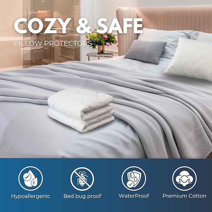Waterguard Waterproof Pillow Protectors Quilted, Zippered Pillow Cases, 100% Cotton Top, Microfiber Filled Pillow Covers, King Size (20x36) Set of 4