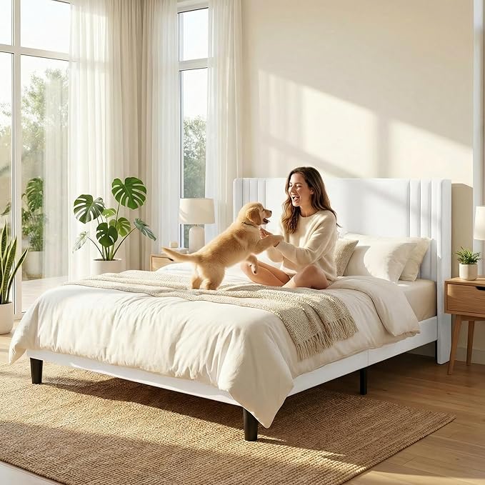 Gizoon Queen Bed Frame, Upholstered Platform Bed with Wingback and Modern Geometric Headboard, Wooden Slats, Noise-Free, No Box Spring Needed