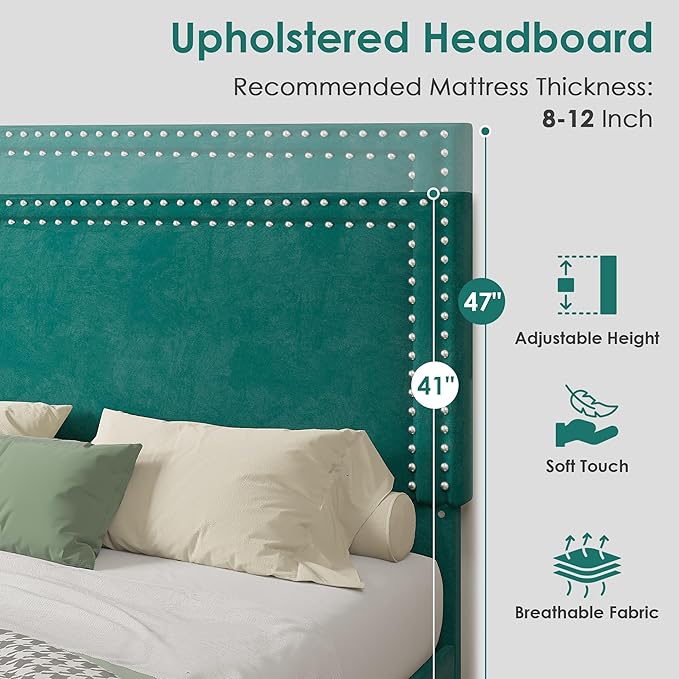 VECELO Twin Size Platform Bed Frame with Height Adjustable Upholstered Headboard, Modern Mattress Foundation,Strong Wood Slat Support, No Box Spring Needed, Easy Assembly, Dark Green