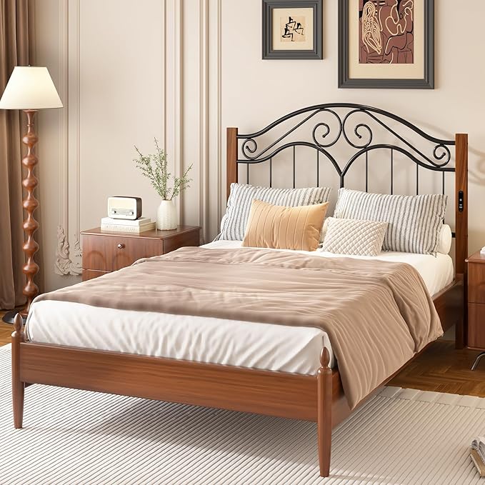 Elephance Headboard for Queen Size Bed Frame with Charging Station,USB and Type C Ports, Adjustable Height,Vintage Platform Bed Queen Headboard Only, Easy Assembly,Black