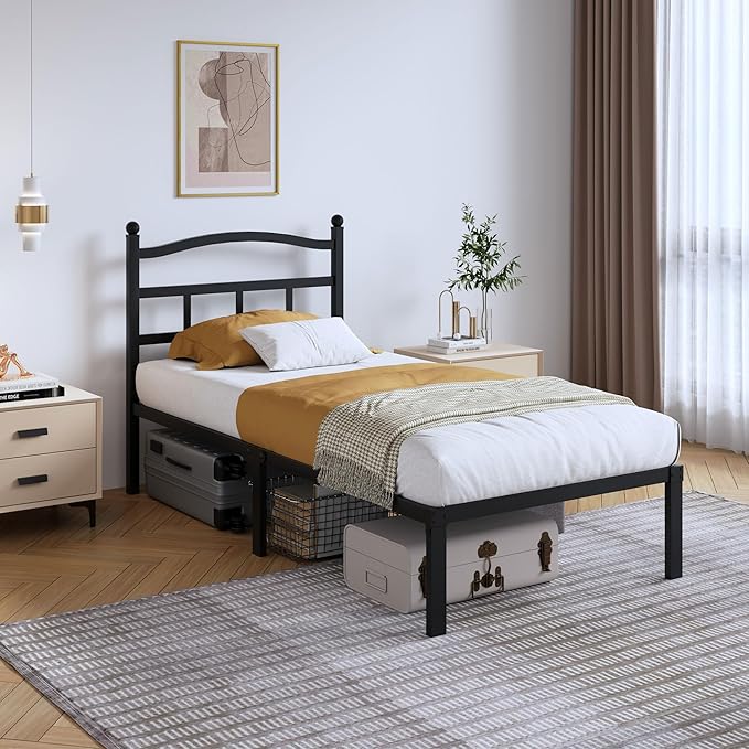 SHOANED 14 Inch Metal Bed Frame - Twin Size Heavy Duty Bedframe with Headboard Black Basic Steel Slats Platform No Box Spring Needed/Easy Assembly/Noise Free