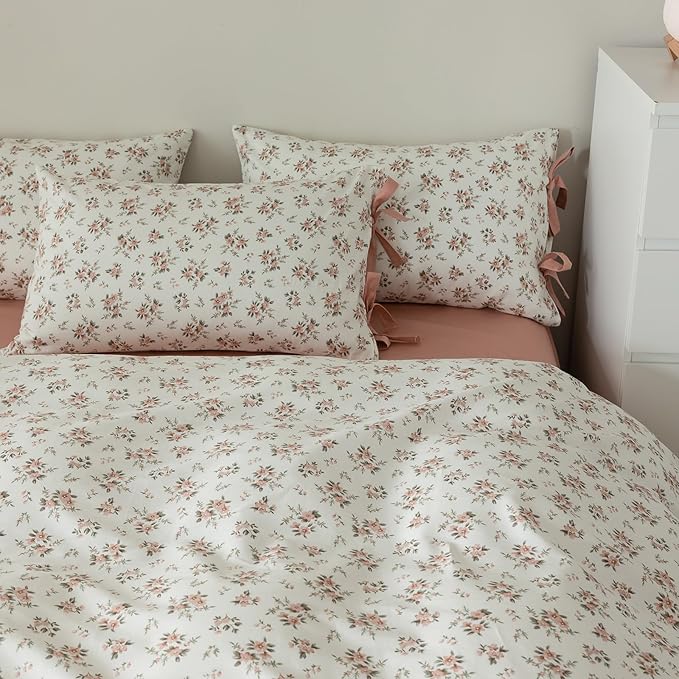 Pink White Duvet Cover Set Full 3 Pieces Blush Pink Flower Duvet Cover with 2 Bow Ties Pillowcases,Cottagecore Bedding Set 100% Cotton Vintage Country Comforter Cover without Filling-80"x90"