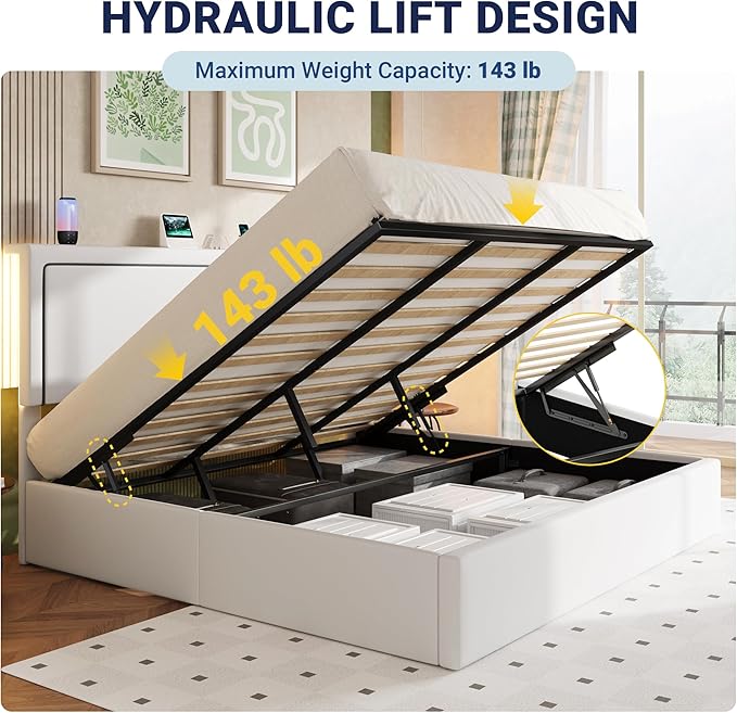 Allewie King Size Lift Up Storage Bed Frame with Charging Station & LED Lights, Adjustable Velvet Upholstered Storage Headboard, Type-C & USB Ports, Hydraulic Support, No Box Spring Needed, White