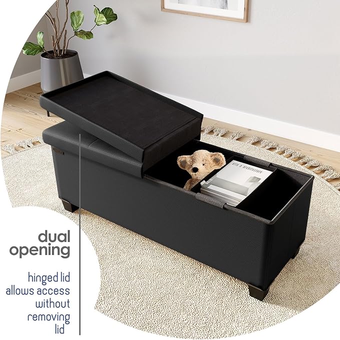 Storage Ottoman Bench with Bins, 43-in Storage Bench for Bedroom End of Bed, Folding Foot Rest Ottoman for Living Room Max 660lbs, Faux Leather Ottomans, Black