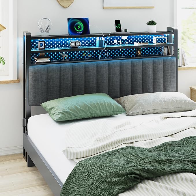 VINGLI King Size LED Headboard with Charging Station and 3 Layer Storage Shelves, Upholstered Modern Headboard with RGB Lights, USB Ports & Power Outlet for Large Master Bedroom,Linen Dark Gray