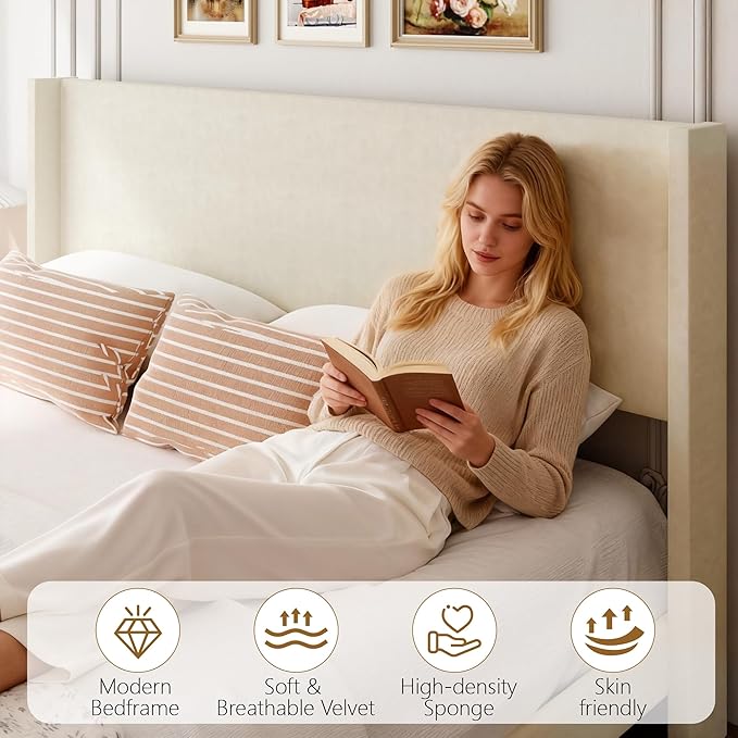 Sismplly Full Bed Frame with Wingback Headboard, Velvet Upholstered Platform Bed with Wooden Slats, 6.46“ Under Bed Storage, Metal Support, Noise Free, No Box Spring Needed, Beige