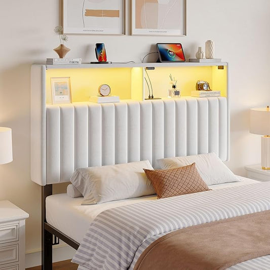 Rolanstar Headboard for Twin Size Bed with Storage, 60,000 DIY Color of LED Light, Head Board with USB & Type C Port, Height Adjustable, Velvet Upholstered, Comfortable Modern, Light White