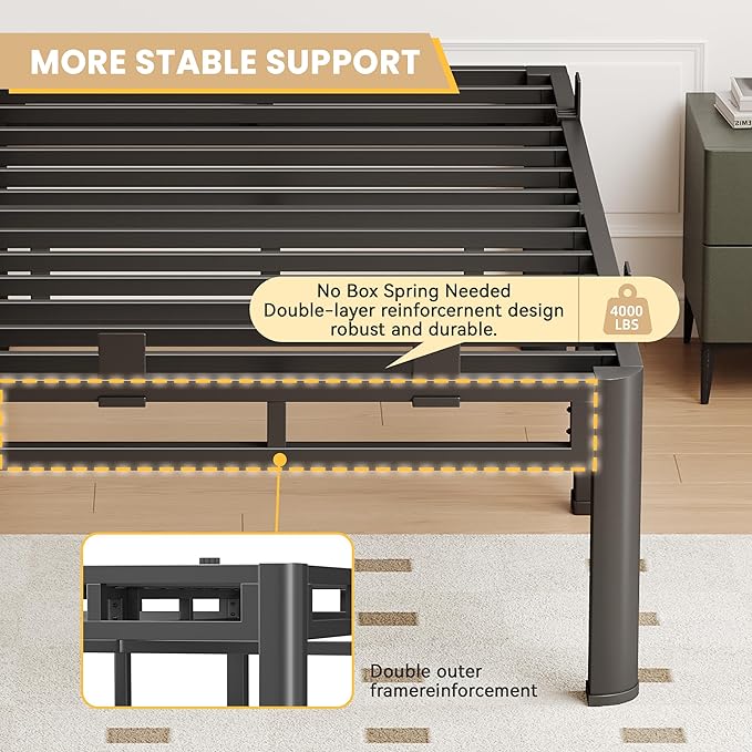 18 Inch Twin XL Bed Frame Heavy Duty, Metal Double Layer Steel 4000 lbs Capacity, Platform with Large Under Bed Storage Space, No Box Spring Needed, Noise-Free, Easy Assembly