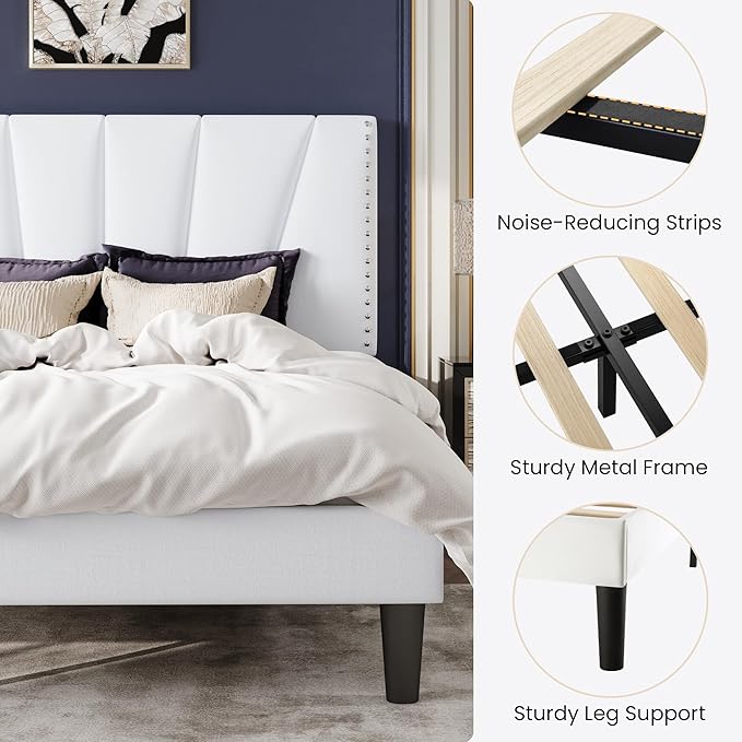 SHA CERLIN Full Size Bed Frame with Adjustable Upholstered Velvet Rivets Headboard, Sturdy Wooden Slats, Strong Platform Support for Mattress, No Box Spring Needed, Easy Assembly, White