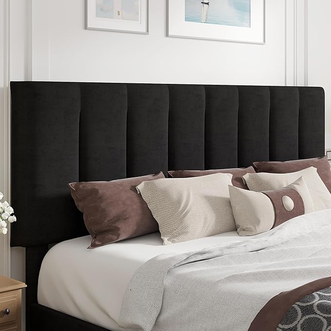 VECELO King Size Bed Frame with Upholstered Headboard, Heavy-Duty Bedframe with Strong Wooden Slats Support, No Boxing Spring Needed, Velvet & Black