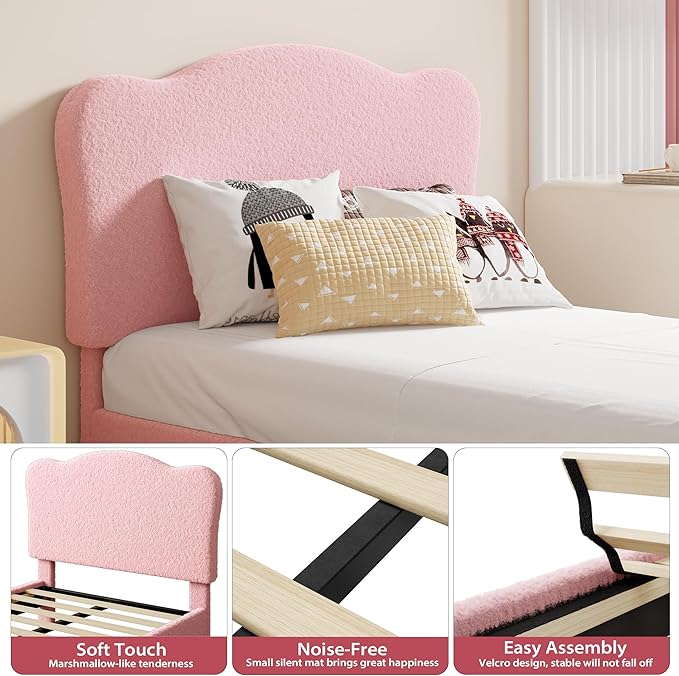 GarveeHome Upholstered Full Size Bed Frame for Kids with Scallop Headboard, Cute Velvet Full Bed for Girls, Boys, Sturdy Platform Bed, No Box Spring Needed, Wooden Slats, Noise Free, Pink