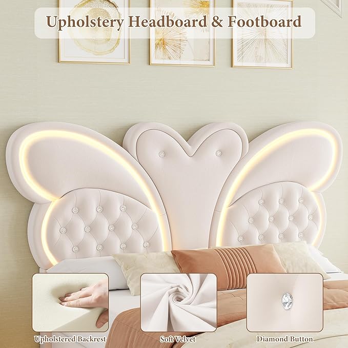 Keyluv Queen Bed Frame Butterfly-Pattern Upholstered Headboard, Modern Floating Bed with LED Lights Button Tufted on Headboard and Footboard, Slats Support No Box Spring Needed, Noise-Free, Beige