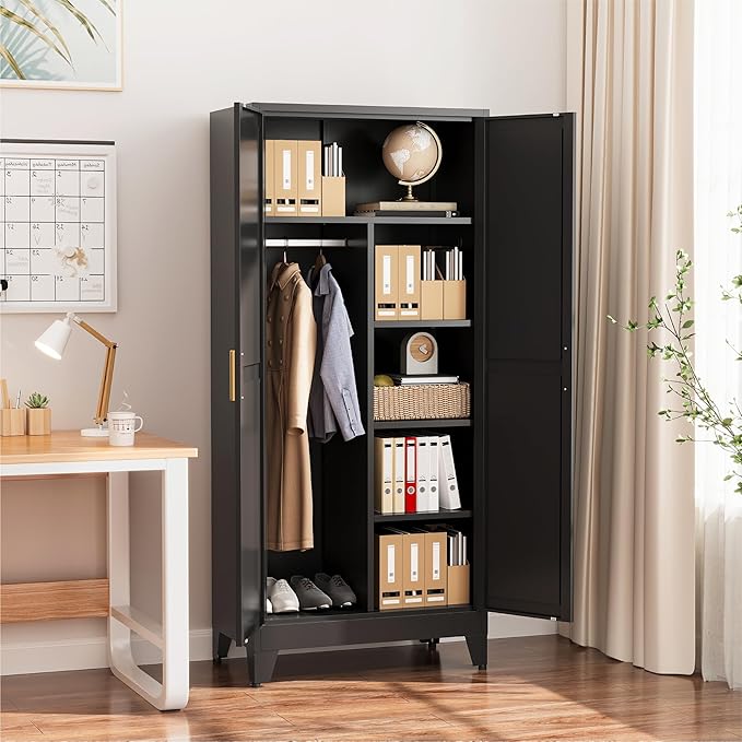 COFaR Black Metal Wardrobe Closet, Reversible 2-Section Design with Hanging Rod & Adjustable Shelves, 71" Freestanding Armoire Cabinet with Top Storage Space