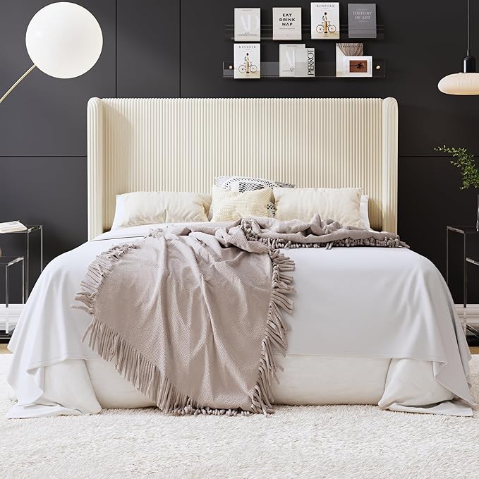 SHA CERLIN Full Size Corduroy Upholstered Platform Bed Frame with Vertical Channel Tufted Wingback Headboard, 8" Under-Bed Storage, Wooden Slats and Metal Frame Support, Easy Assembly, Cream