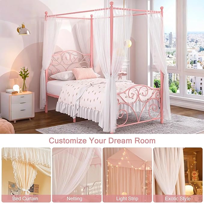 VECELO Metal Canopy Bed Frame Twin Size, 4 Posters Platform Mattress Foundation with Headboard, Heavy Duty Steel Slats Support, No Box Spring Needed, Pink