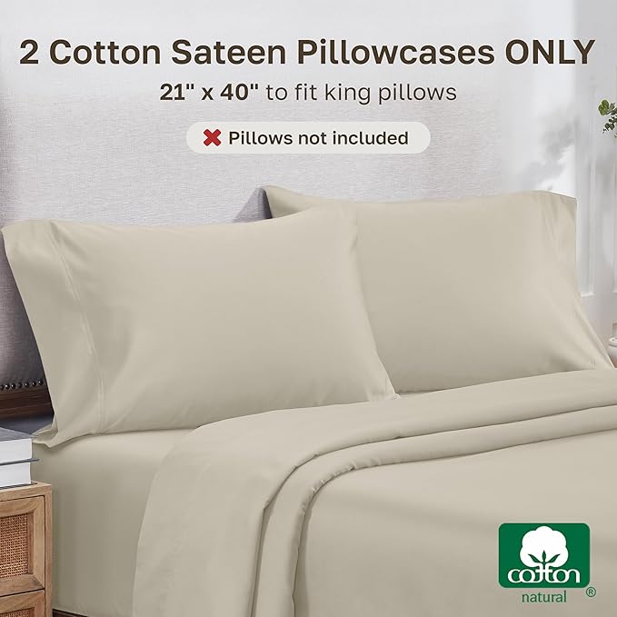 California Design Den 100% Cotton King Pillow Cases Set of 2, 800 Thread Count, Soft Pillow Cases Sateen, Fits King Size Pillows (Beige)