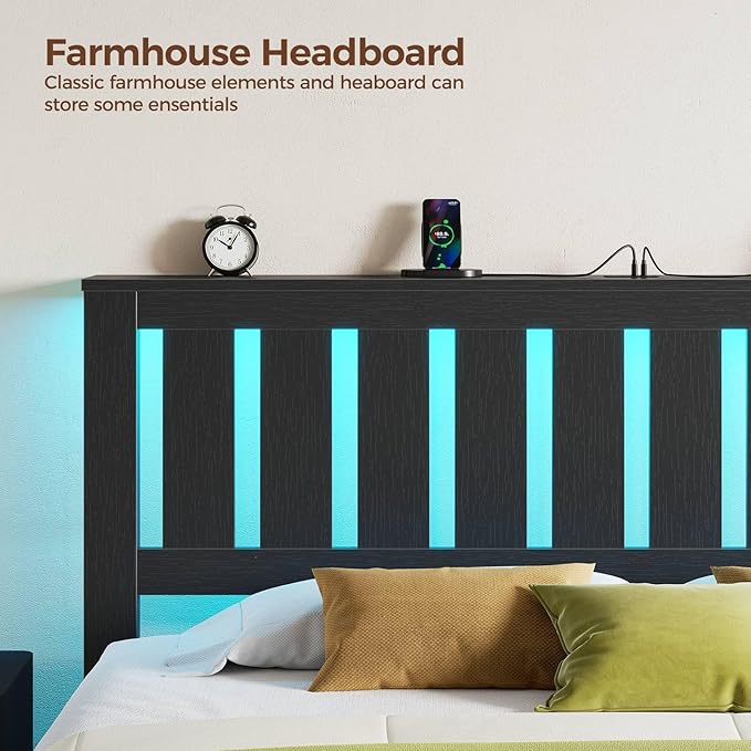 Rolanstar Full Bed Frame with Headboard, Charging Station and LED Lights, Wooden Bed Frame Foundation with Wood Slat Support, No Box Spring Needed, Black