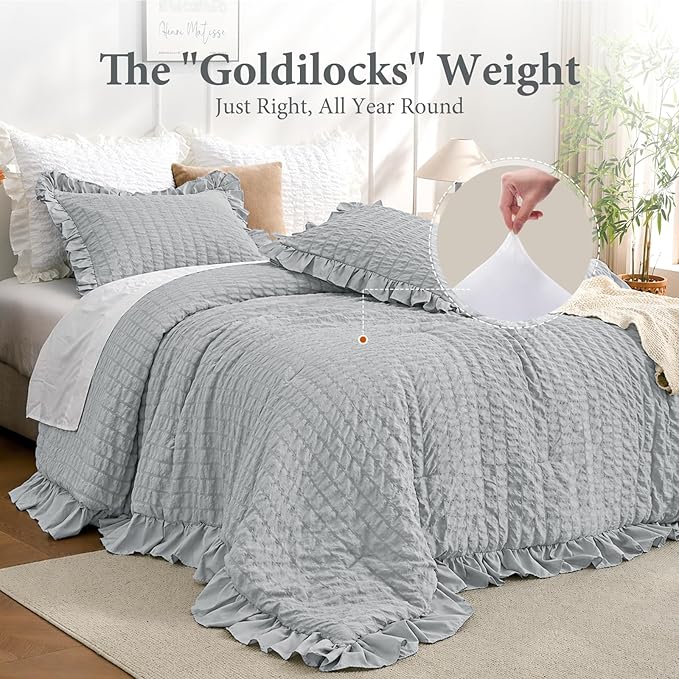 JOLLYVOGUE Light Grey Queen Comforter Set, 3 Pieces Seersucker Comforters Queen Size, Lightweight & Fluffy Bedding Sets Queen for All Season with 1 Ruffle Comforter and 2 Ruffle Pillowshams