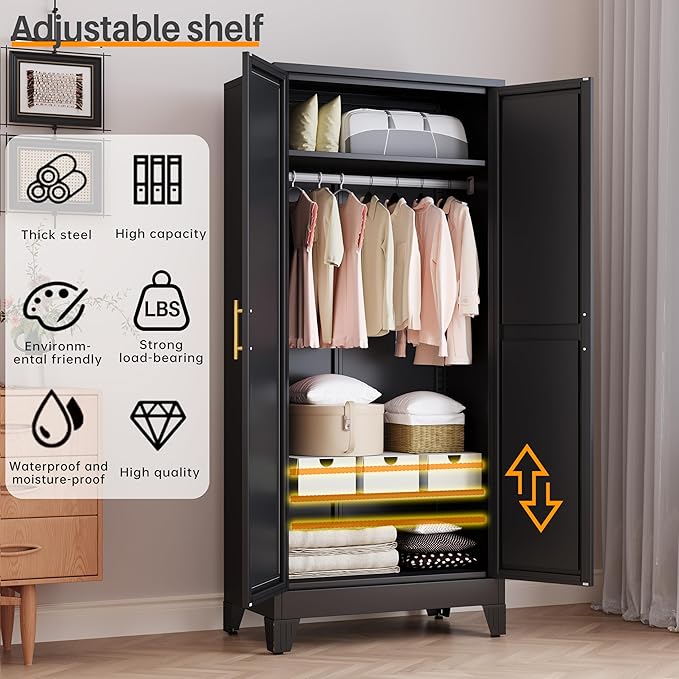 RIETERN Metal Armoire Wardrobe Closet, 71" Tall Bedroom Closet with Mirror, Adjustable Shelves, and Hanging Rod, Steel Clothes Closets and Storage, for Bedroom Black