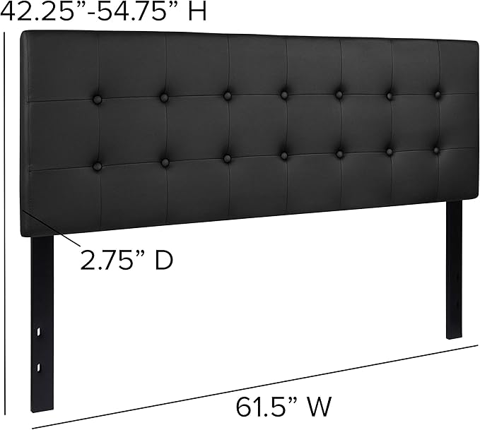 Flash Furniture Lennox Adjustable Height Button Tufted and Box Stitch Upholstered Queen Size Headboard in Black Vinyl