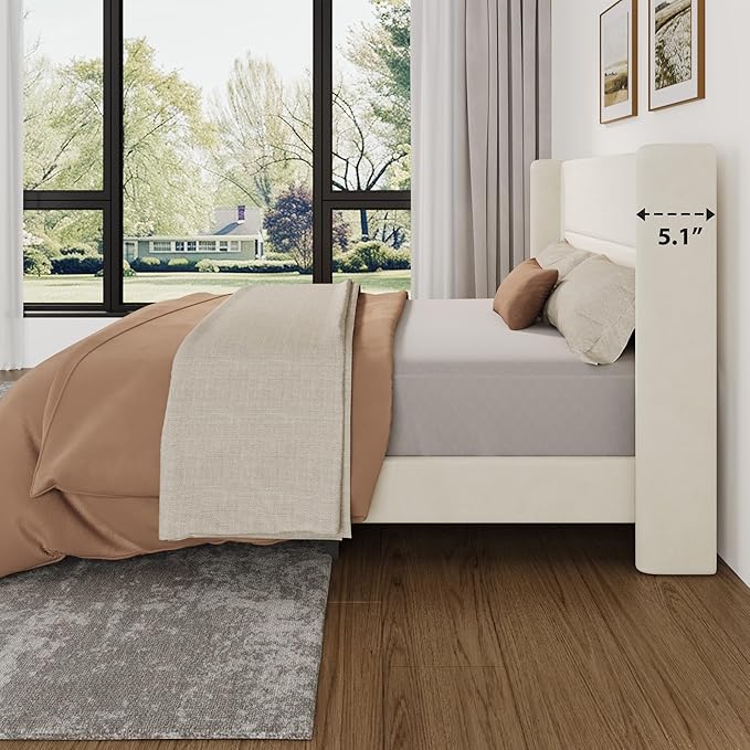 Garvee Full Size Bed Frame with Wingback Headboard, Velvet Upholstered Platform Bedframe with Wood Slats, No Box Spring Needed, Easy Assembly, Beige