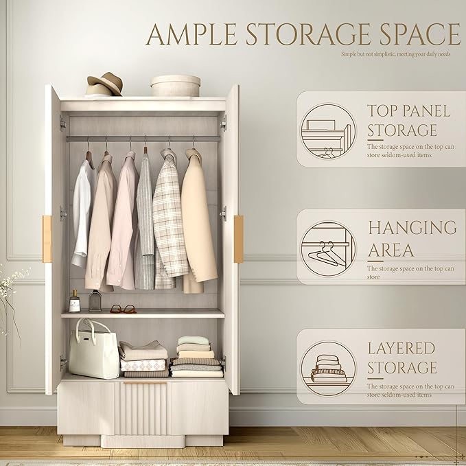 Yechen 67" Fluted Armoire Wardrobe Closet Set of 3 with Doors and Drawer, Wooden Wardrobe Closet Cabinet with Adjustable Shelve, Modern Small Armoires Storage Clothes, Coats for Bedroom, White, 3pcs