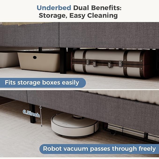 DUMOS King Size Upholstered Platform Bed Frame, King Bed with Storage Drawers and Fabric Headboard, Wooden Slats Support, 1323 lbs Weight Capacity, No Box Spring Needed, Easy Assembly, Gray