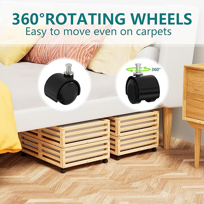 Wisuce Bamboo Under Bed Storage Containers- Underbed Organizer with Wheels with Dust Bag,Sturdy Wood Rolling Under the Bed Shoe Storage Organizer Drawers (Nature, 2 Pack (23.62"×16.54"))