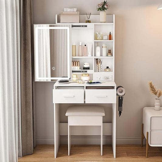 Montary Small Makeup Vanity Desk with Sliding Mirror and Adjustable Lights, 23.6" D Vanity Table Set with Power Outlet & Hair Dryer Bracket & Padded Stool & Storage Shelf, Space-Saving