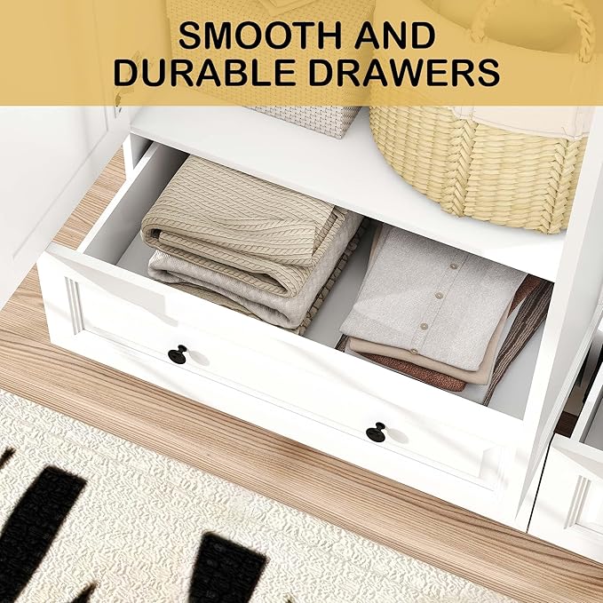 Armoire Wardrobe Closet with Drawers: 47" White Wardrobe Closet with 3 Doors and 2 Drawers, Wood Clothes Armoire with Hanging Rod, Clothing Storage Cabinet for Bedroom