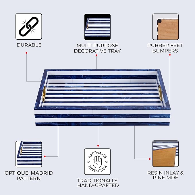 Handicrafts Home Blue White Striped Decorative Tray, Optique Madrid Collection, Rectangular Serving Tray with Handles, Modern Coffee Table Ottoman Tray, Resin Brass Inlay Handmade Hostess Tray 17x11
