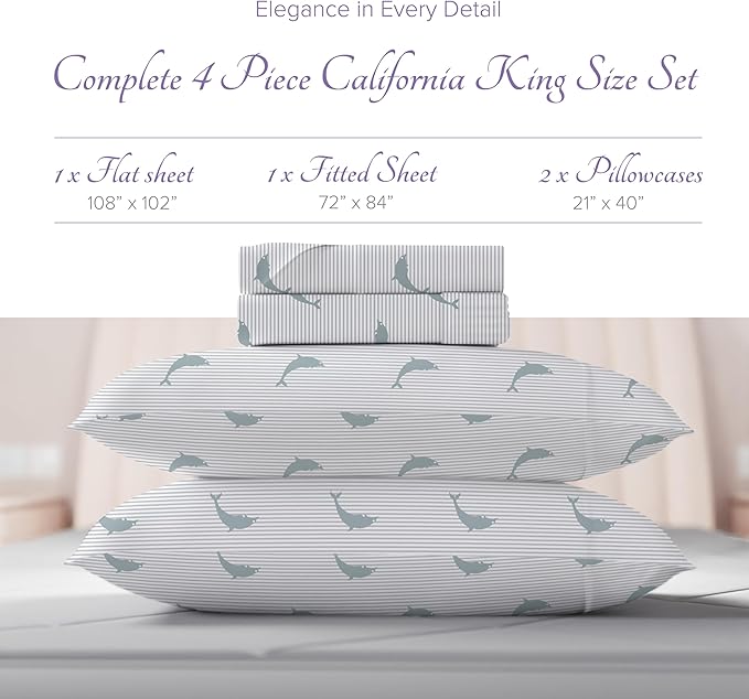 Carressa Linen California King Egyptian Cotton Sheet Sets - 600 Series Hydrangeas Printed Cal King Cotton Sheet Set (4 PC, Green Dolphin),16" Deep Pocket Sateen Weave Luxury Hotel Bed Sheets