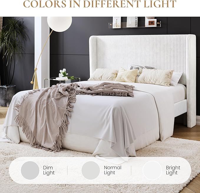 SHA CERLIN Queen Size Corduroy Upholstered Platform Bed Frame with Vertical Channel Tufted Wingback Headboard, 8" Under Bed Storage, Wooden Slats & Metal Frame Support, Easy Assembly, White