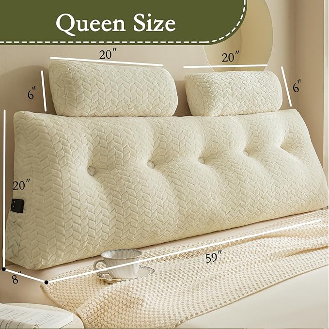 YOUR MOON Wedge Headboard Pillow Queen Size, Triangular Wedge Backrest Pillow with 1 Pack Neck Roll Pillows, Headboard Pillow for Bed,Daybed,and Lounging, Large Bed Bolster Pillows,Off White