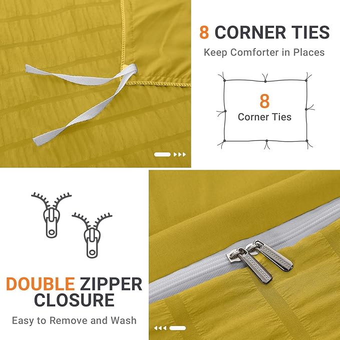 HYMOKEGE Mustard Yellow Duvet Cover Queen Size, Ultra Soft 3-Piece Seersucker Duvet Cover Set with Zipper Closure, Soft Brushed Microfiber Bedding Set with 8 Corner Ties (90"x90", 2 Pillowshams)