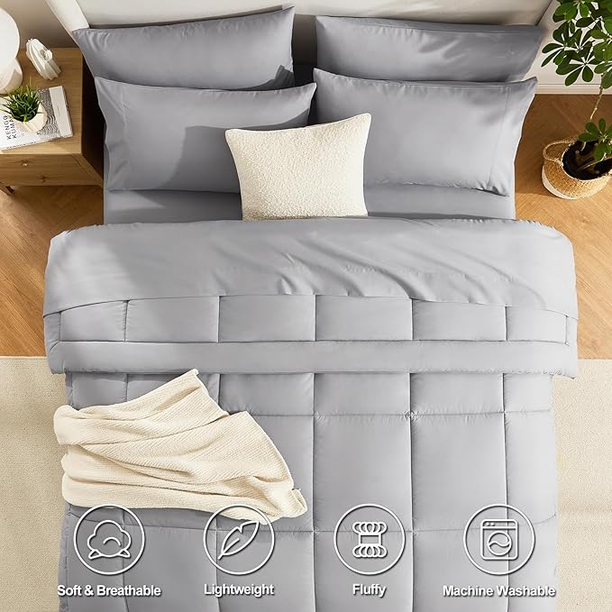 CozyLux Twin XL Comforter Set Grey, 5 Pieces Twin Extra Long Bed in a Bag for College Dorm, All Season Bedding Set with Stitch Quilted Comforter, Flat Sheet, Fitted Sheet, Pillowcases