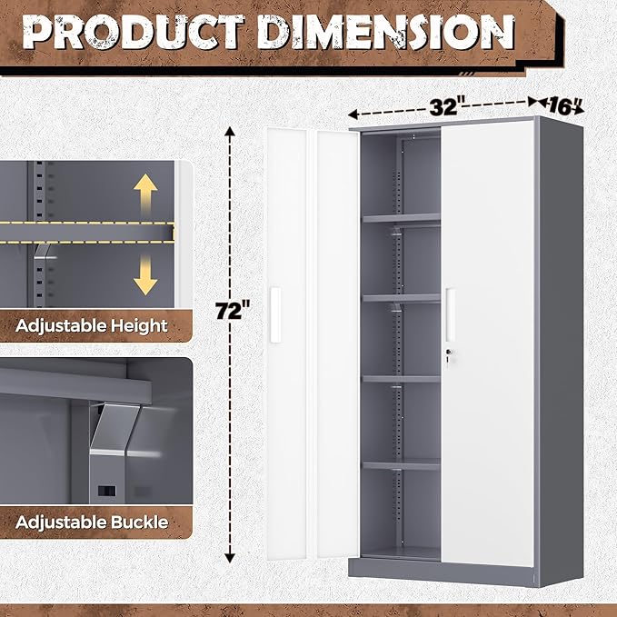 INTERGREAT Storage Cabinets with Doors and Shelves, 72“ Steel Tool Locking Cabinet, Metal Storage Cabinet for Home Office, Warehouse, School, Grey White