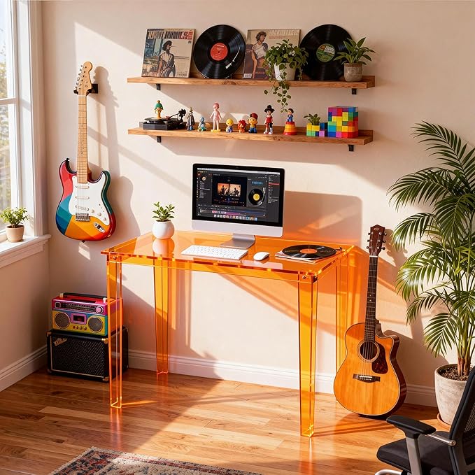 Acrylic Desk, Clear Modern Writing Table for Home Office (Orange, Small)