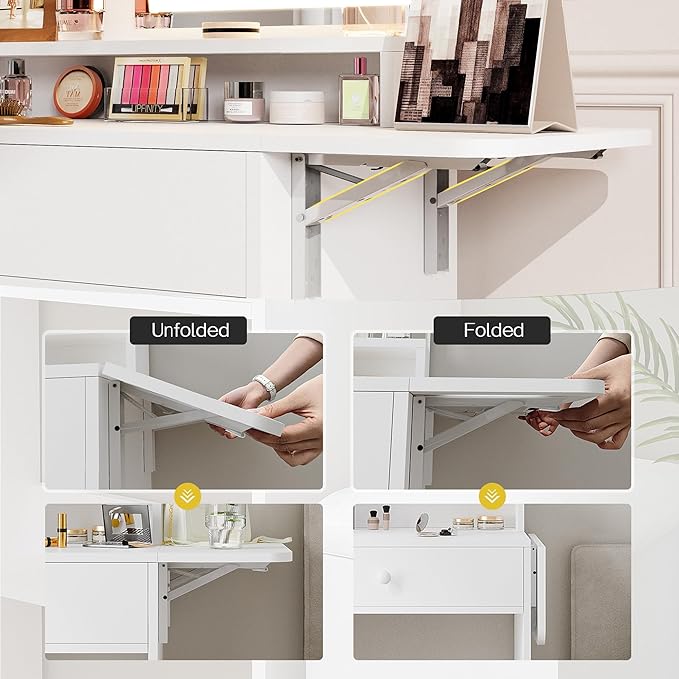 Haewon Small Vanity Desk with Mirror and Lights, Makeup Vanity with Charging Station, Compact Dressing Table Set with Storage Chair, Drawer and Shelves for Bedroom, White