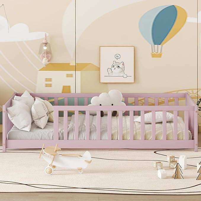 Bellemave Twin Floor Bed with Slats and Safety Guardrails, Twin Size Montessori Floor Bed with Fence and Without Door, Easy Assemble Montessori Beds Frame for Girls, Boys, Pink